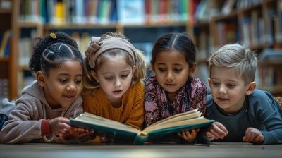 Four children reading a book together in a library.