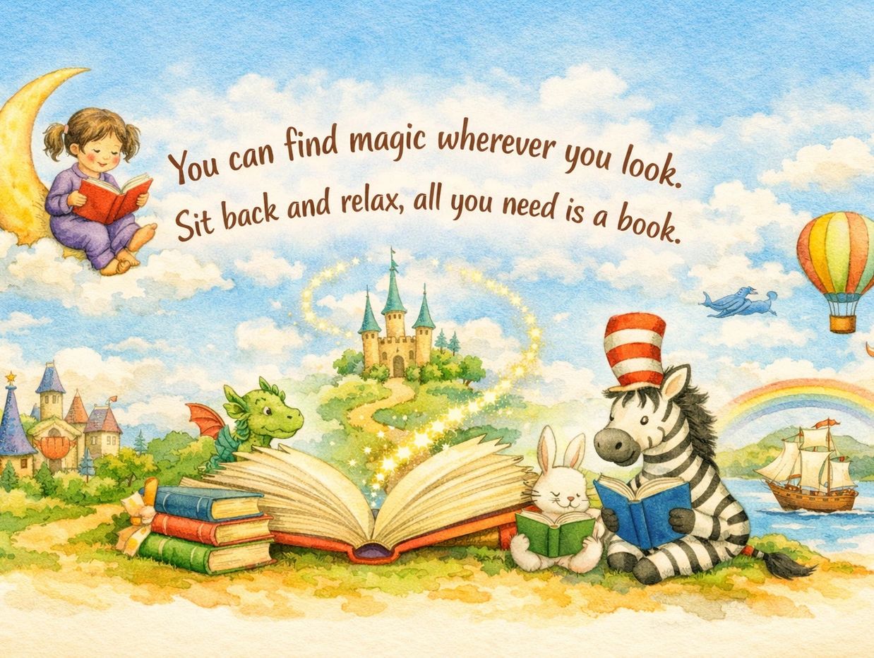 A magical scene with animals and a girl reading books under a quote about finding magic in books.