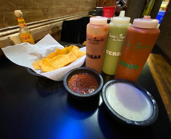 Chips, Queso, and the Three Salsas (Salsa, Verde and Roja)