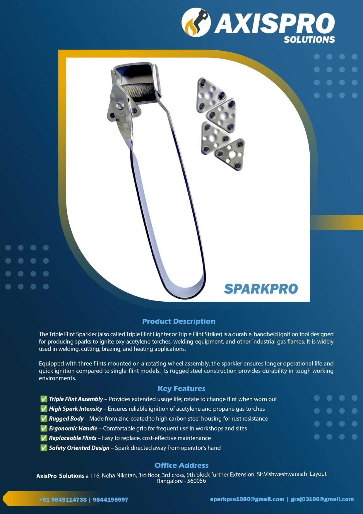 The SparkPro Triple Flint Sparkler by AxisPro Solutions for reliable industrial ignition.