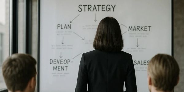 Woman presenting a business strategy to colleagues in a meeting room.