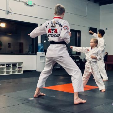 Kids practicing martial arts in a dojo.