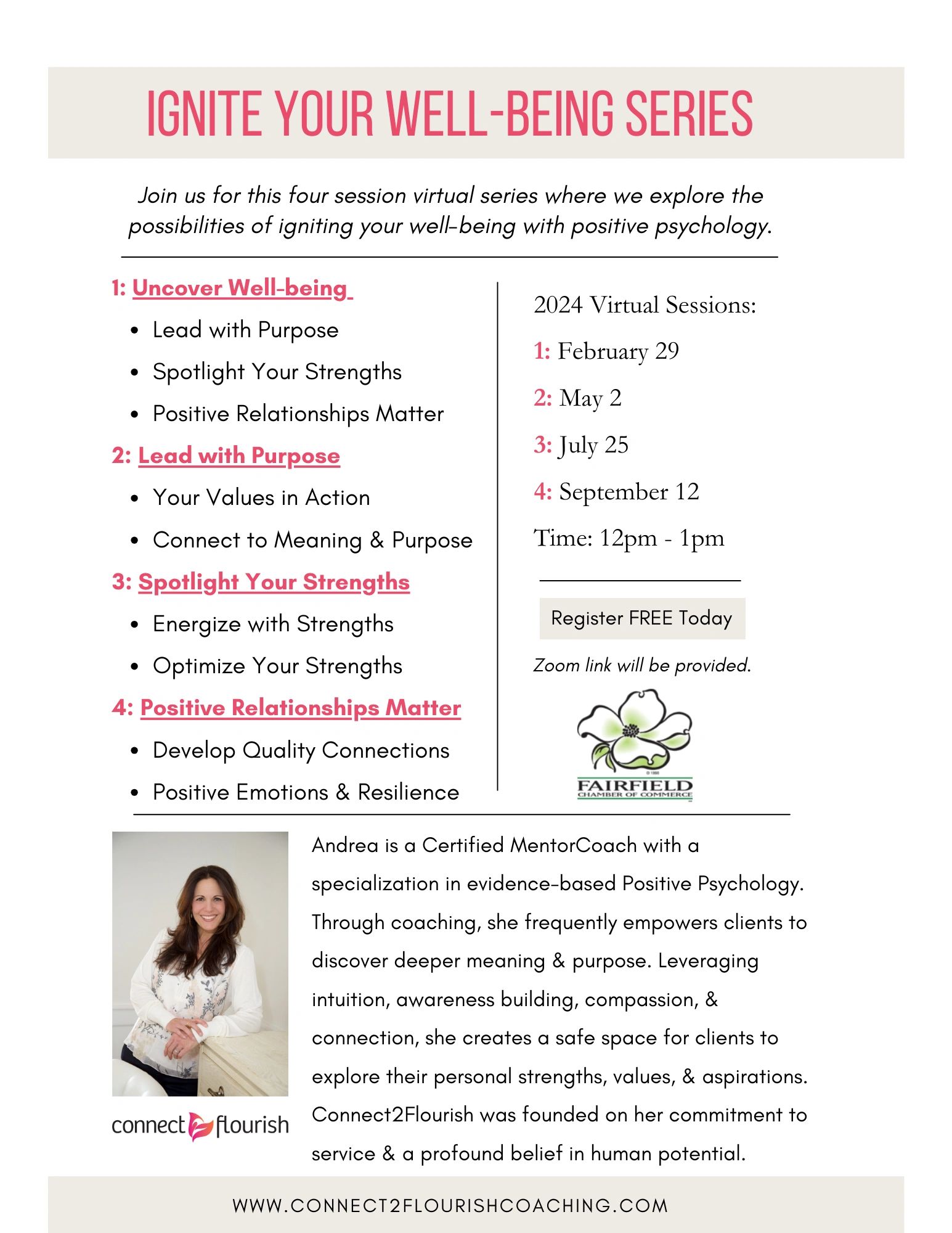 Ignite Your Well-being - 2024 Virtual Series with Andrea Kopilak, CMC of Connect2Flourish Coaching.
