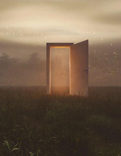 a open door in a field filled with fireflies