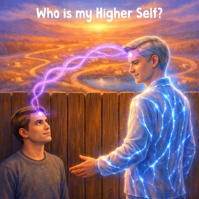 A glowing figure connects spiritually with a seated young man under the question 'Who is my Higher Self?'.