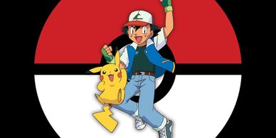 a stock photo of Ash and Pikachu jumping in front of a Pokémon logo.