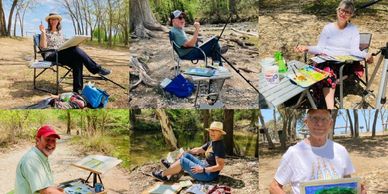 a collage of picture of members of our Watercolor class painting at the Medina River.