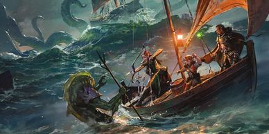 Artwork of a Dungeons and dragon's campaign of three characters on a boat fighting a sea monster.