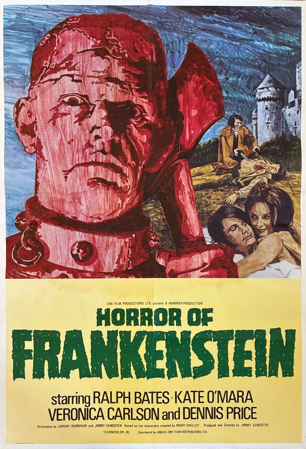 The illustration of a monster holding an axe and two lovers holding each other.