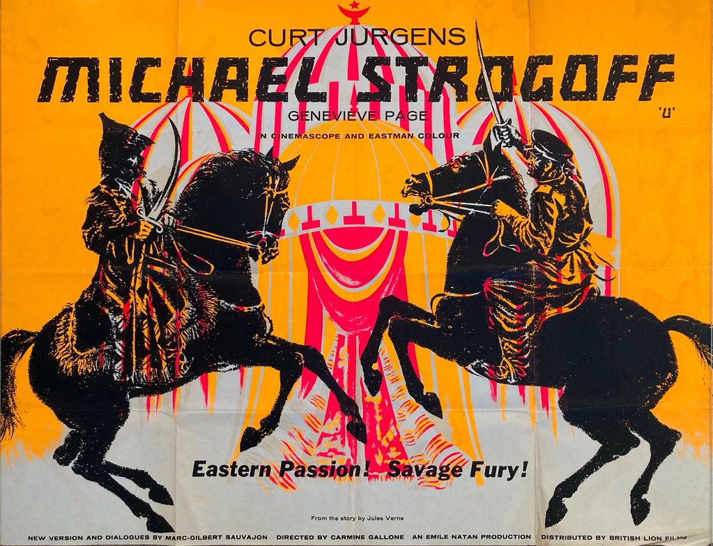 A Black, orange and pink illustration of two men fighting on horseback.