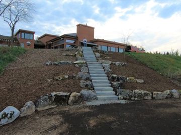 stair stairs stone slab garden landscape grade hardscape slope mossy rocks garden boulder swim relax
