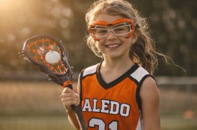 Young girl in orange lacrosse gear smiling with stick and ball.