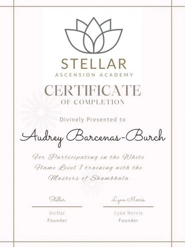 Certificate of completion from Stellar Ascension Academy awarded to Audrey Barcenas-Burch.