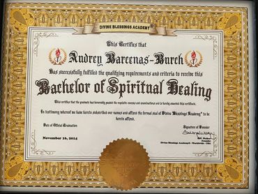 Bachelor of Spiritual Healing certificate from Divine Blessings Academy.