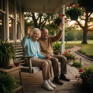 Elderly couple waving while sitting on a porch swing at sunset.