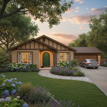 Cozy suburban house with green door and well-maintained garden at sunset.