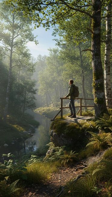 Man enjoying serene forest view by a calm river.