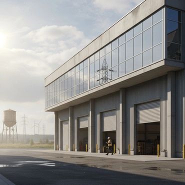 Modern industrial warehouse with large windows and open garage doors under a cloudy sky.