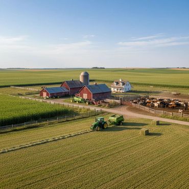 A picturesque farm with red barns, a silo, cows, and a tractor in a green field.