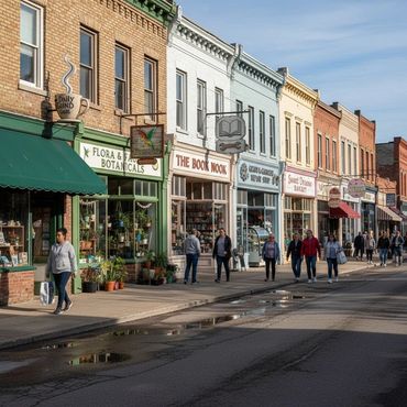 People stroll along a charming downtown street with various shops and colorful storefronts.
