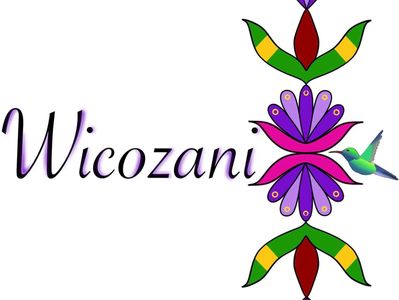 Logo with the word 'Wicozani' and a colorful floral design with a hummingbird.