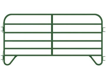 Green metal farm gate with horizontal bars.