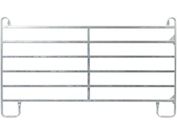 A metal farm gate with horizontal bars.