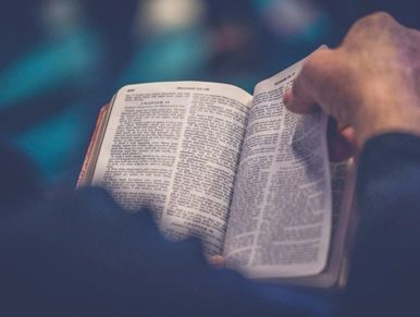 A person reading and turning pages of a Bible.