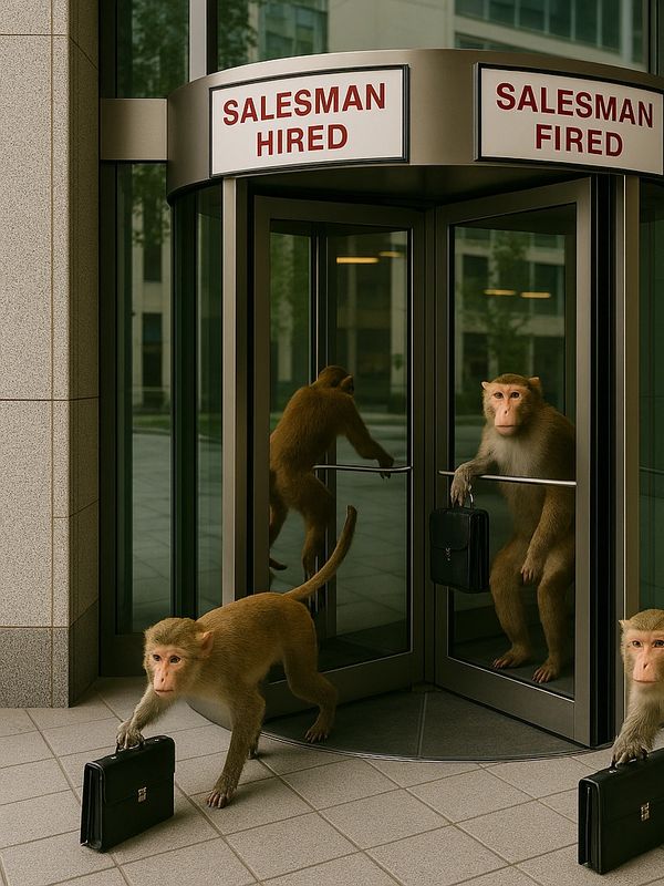 Monkeys holding briefcases move through revolving doors labeled 'Salesman Hired' and 'Salesman Fired'.