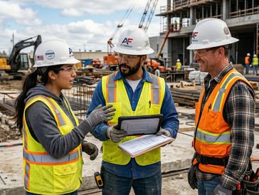 Three construction workers discuss plans at a building site.