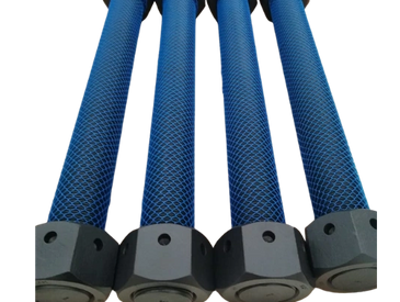 Four blue industrial filter cartridges with hexagonal bases.