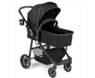 Black baby stroller with canopy and storage basket below.