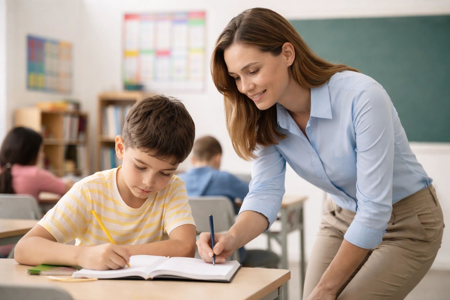 Teacher helping a young boy with his schoolwork in a classroom.