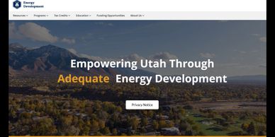 Website banner promoting adequate energy development in Utah with scenic mountain and valley background.