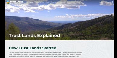 Website explaining the origins of trust lands with a scenic mountain background.