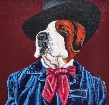 Saint Bernard with a Big Black Hat, Red Velvet Tie and Blue Velvet Jacket