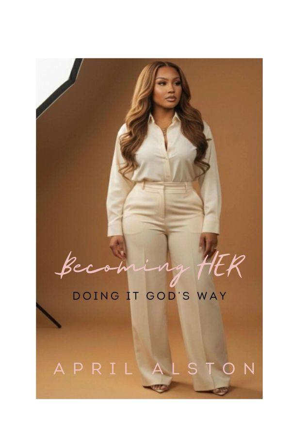 A confident woman stands poised against a brown backdrop, dressed in cream tones.