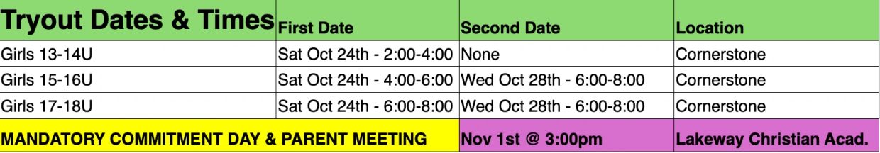 Schedule for girls' sports tryout dates and locations.