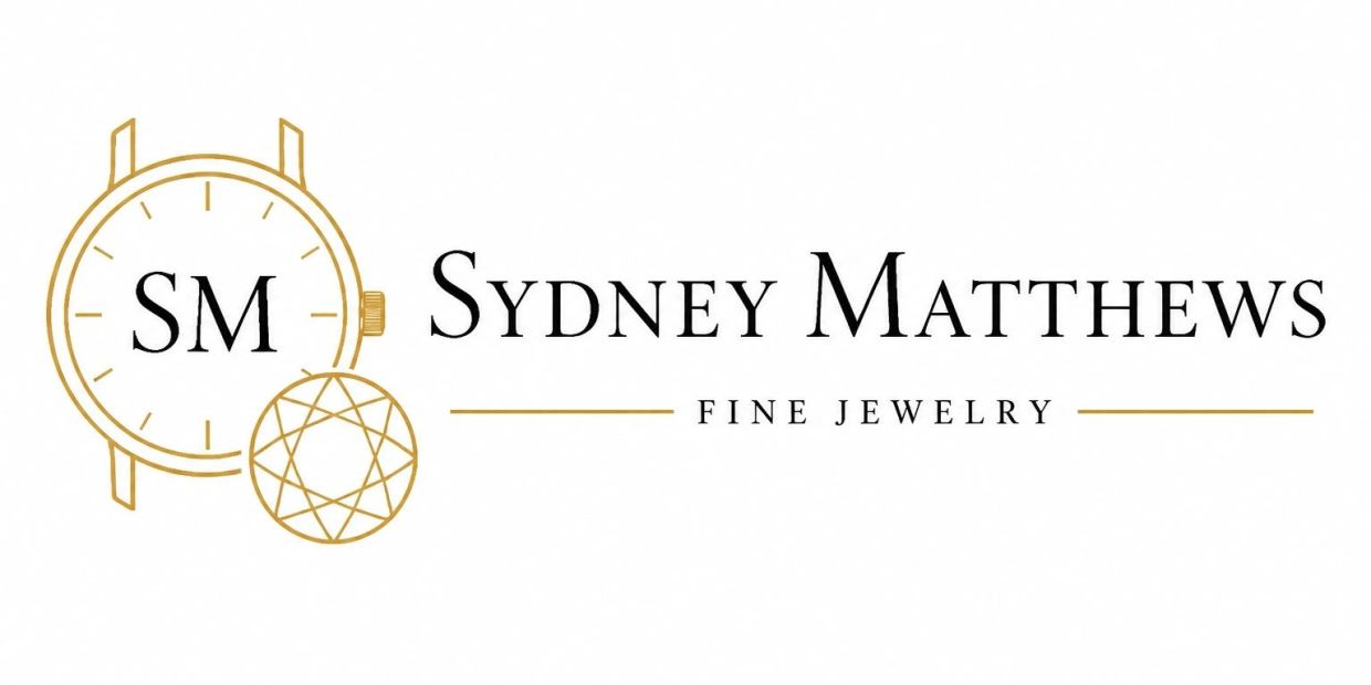 Logo for Sydney Matthews Fine Jewelry featuring watch and diamond icons.