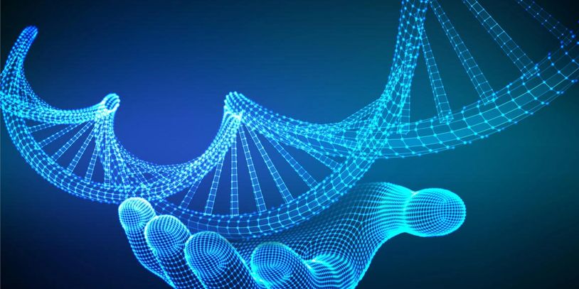 Digital hand holding a glowing DNA double helix structure in blue.