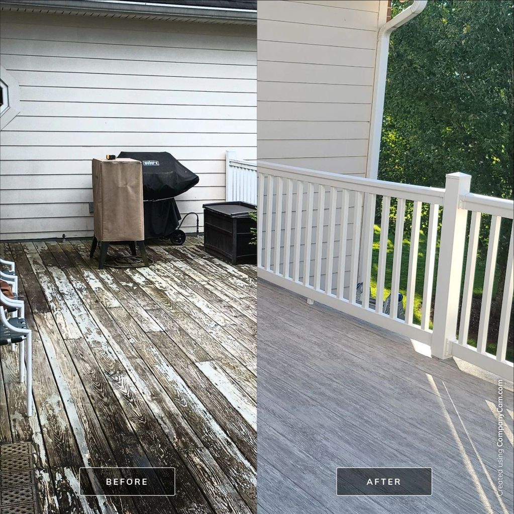 Before and after deck renovation showing worn wood and new flooring.
