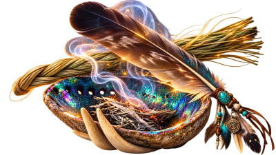 Feather resting on a colorful shell with smoke and beads.
