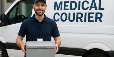 A smiling medical courier holding a secure container in front of a delivery van.
