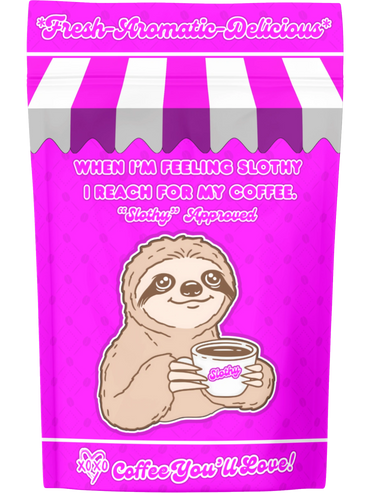 Bright pink coffee bag featuring a smiling sloth holding a cup of coffee.