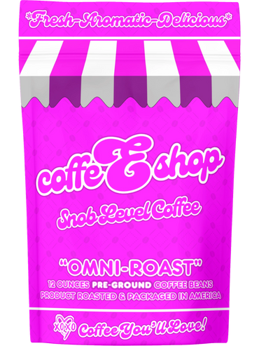 Bright pink coffee bag with bold branding and playful text.