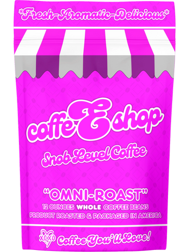 Bright pink coffee bag labeled 'caffeEshop Snob Level Coffee' with a striped top.