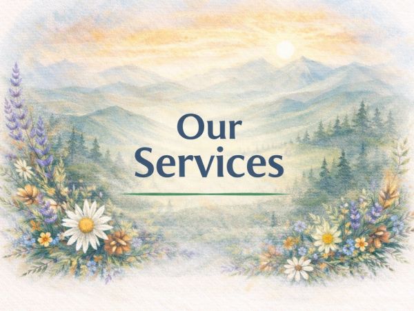 Watercolor landscape with flowers and 'Our Services' text.