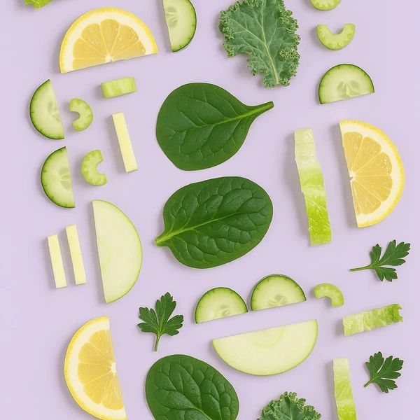 Assorted green and yellow vegetable slices arranged on a purple background.