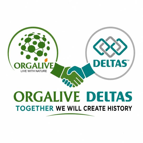 Logos of Orgalive and Deltas with a handshake symbolizing partnership.