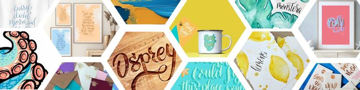 Colorful hexagonal collage featuring calligraphy, illustrations, and products